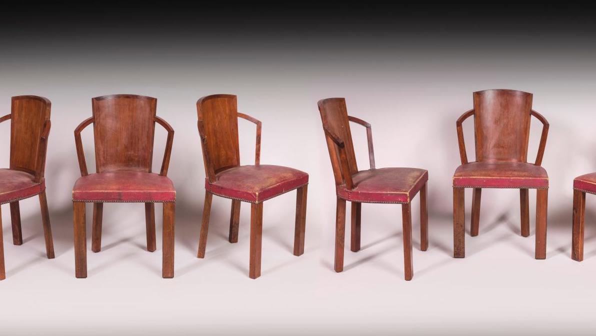Pierre Chareau (1883-1950), suite of eight chairs, modernist model MF 275, rosewood... Pierre Chareau's Modernism in Three Lots