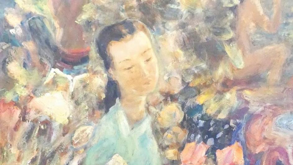 Lé Phô (1907-2001), Jeune femme et baigneuses aux fleurs, huile sur soie marouflée sur Isorel, signée en ... Lé Phô vers plus de modernité
