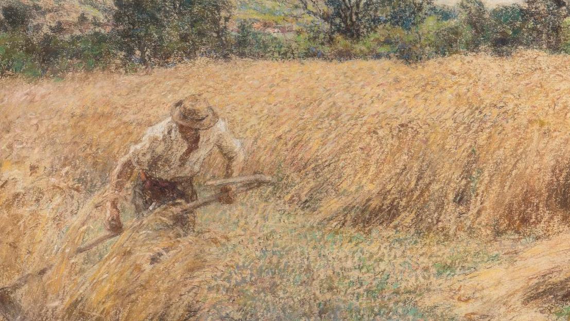 Léon Lhermitte (1844-1925), Moisson près de Chartèves, faucheur, 1921, pastel signé,...  Léon Lhermitte, le «peintre des moissonneurs»