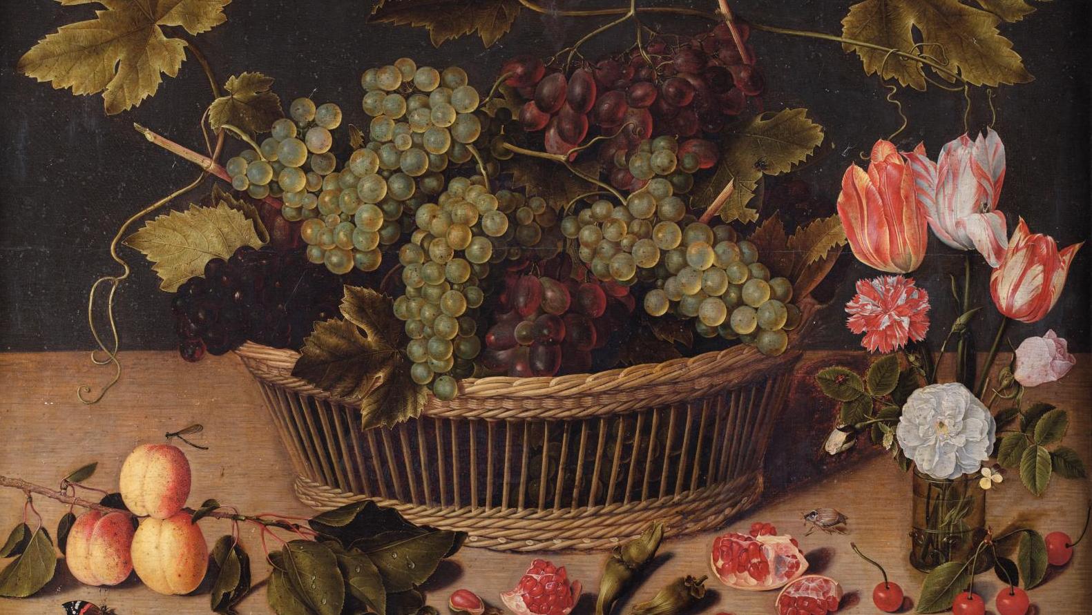 Isaak Soreau (1604-1644), Corbeille de raisins, fleurs dans un verre, noisettes,...  Une nature morte d’Isaak Soreau comme un émerveillement 
