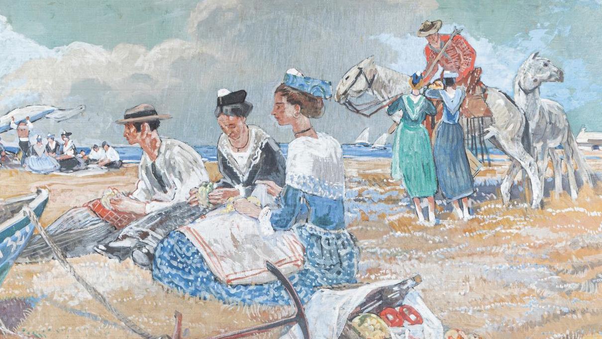 Mathurin Méheut (1882-1958), Les Saintes-Maries-de-la-Mer, huile sur panneau, 108 x 220 cm.... Mathurin Méheut en Camargue