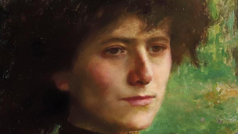 Émile Friant (1863-1932), Portrait de femme en buste devant sa fenêtre sur fond de... Fois deux pour un portrait de femme d'Émile Friant 