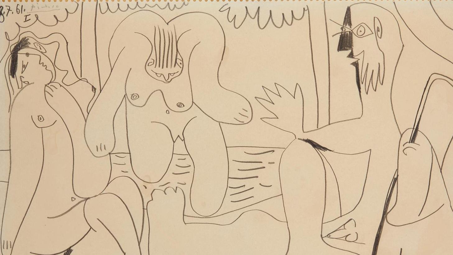 Pablo Picasso (1881-1973), Le Déjeuner sur l’herbe, 1961, dessin au crayon gris,... Picasso et Manet, déjeuner au sommet