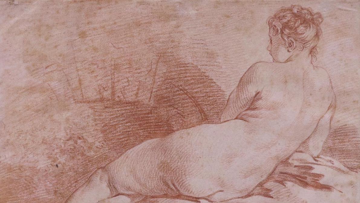 François Boucher (1703-1770), Femme allongée, sanguine, 26,3 x 35 cm. Estimation :... François Boucher, le peintre des Grâces