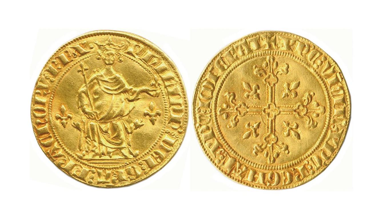 Règne de Philippe IV le Bel (1285-1314), florin d’or dit «à la reine», 1305, poids... Tibère et Philippe le Bel sur monnaies d'or