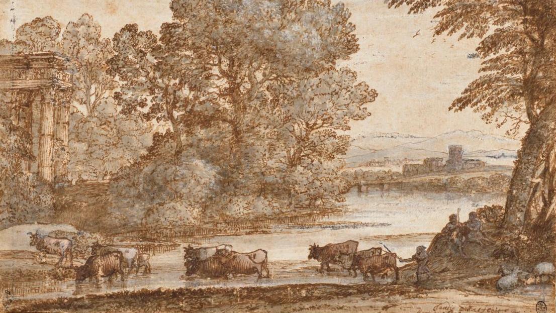 Claude Gellée, dit le Lorrain (1600-1682), Paysage avec un troupeau de vaches traversant... Dessins et eaux-fortes de Claude Lorrain à Chantilly