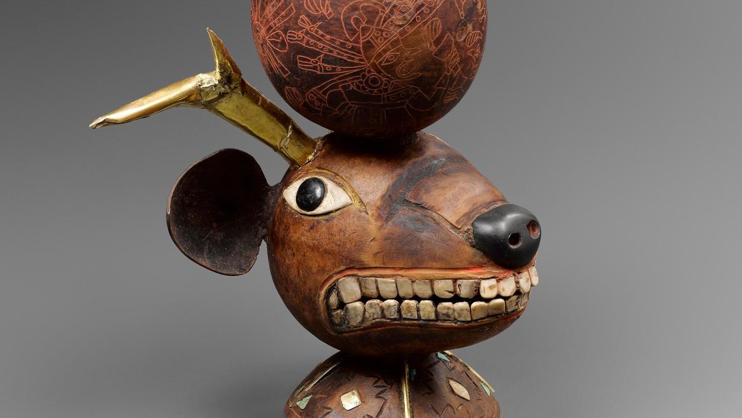 Mochica, Peru, 100-500 AD, shamanistic cup with deer's head foot, gourd, wood, gold... The Berjonneau-Munoz Collection Fulfilled All its Promises 