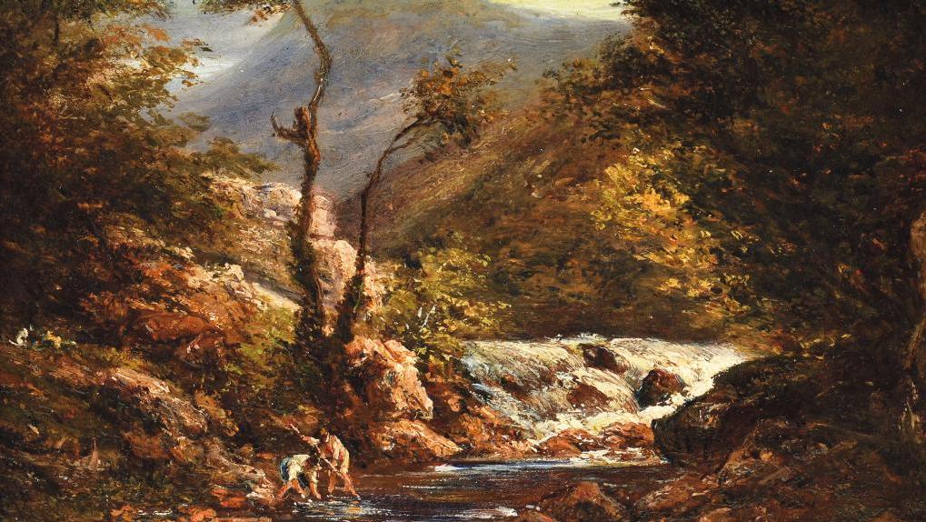 Théodore Rousseau (1812-1867), Pêcheurs dans un torrent, vers 1845, huile sur panneau,...  Théodore Rousseau à l'honneur d'une vente XIXe