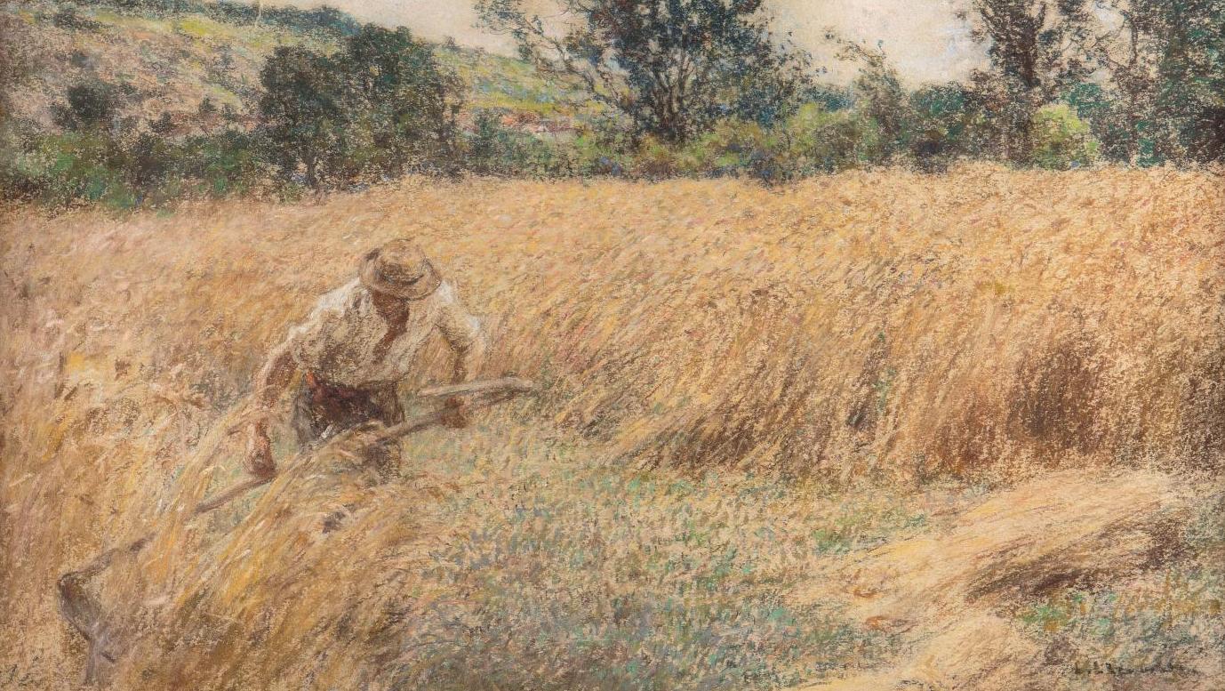 Léon Lhermitte (1844-1925), Moisson près de Chartèves, faucheur, 1921, pastel, 38 x 51 cm.... Moisson d’éternité par Léon Lhermitte