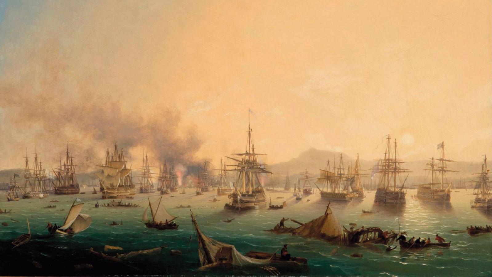 Ambroise Louis Garneray (1783-1857), La Bataille de Navarin le 20 octobre 1827, huile... Record tonnant pour une bataille de Garneray