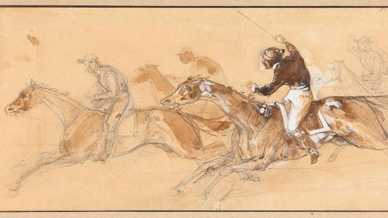 Théodore Géricault (1791-1824), Le Derby, aquarelle et rehauts de blanc sur traits... Fois deux pour un Derby de Géricault 
