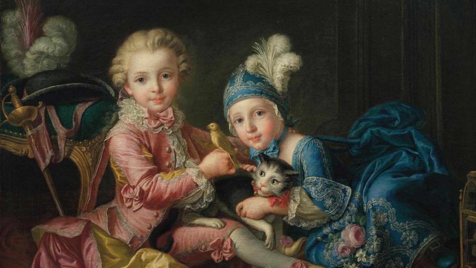 Attribué à François-Hubert Drouais (1727-1775), Deux petits princes jouant avec un... Deux petits princes  posent pour Drouais