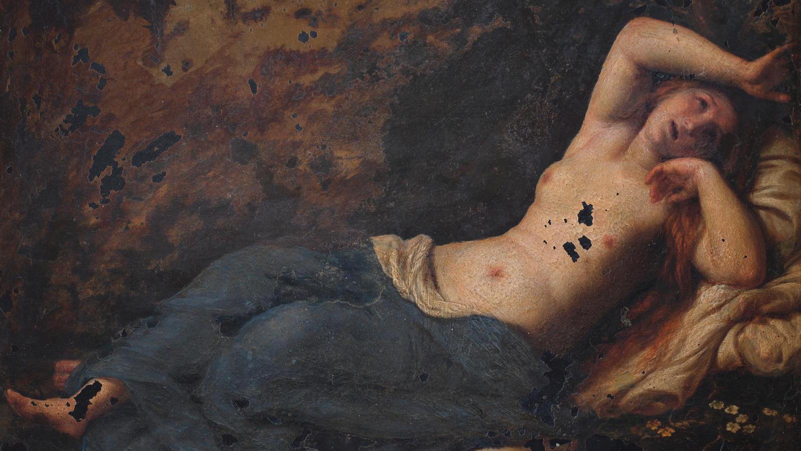 Attribué à Francesco Albani (1578-1660), Ariane abandonnée, ardoise, 25,5 x 34 cm.... Ariane à Naxos inspire Albani 