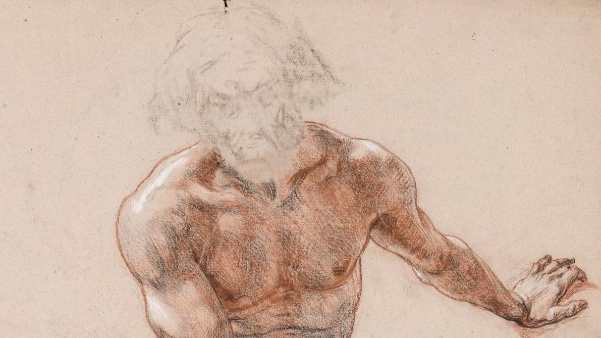 Dominique Papety (1815-1849), Homme barbu assis, trois crayons et estompe sur papier... Dominique Papety, un artiste académique qui maîtrise la ligne