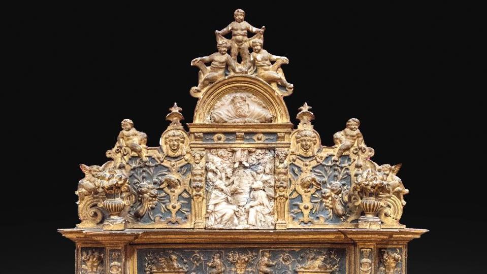 Malines, fin du XVIe siècle. Grand retable avec plaques en albâtre dans un encadrement... La collection du marchand Frédéric Spitzer, la Haute Époque à son plus haut degré
