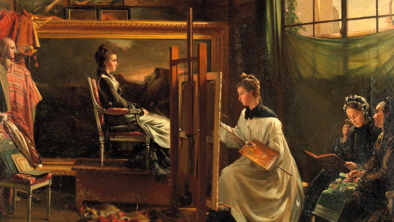 Edme-Adolphe Fontaine (1814-1880), Jeune Artiste et son modèle dans l’atelier, toile... Séance de pose avec Edme-Adolphe Fontaine