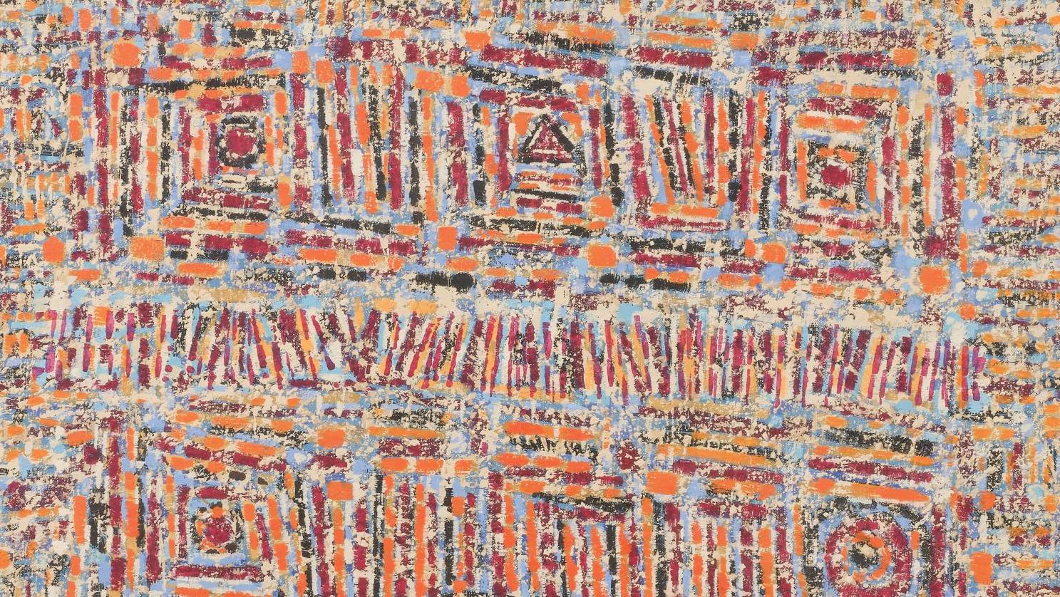 Seundja Rhee (1908-2005), Composition abstraite orange, bleu et violet, 1962, huile... Un moment de contemplation avec Seundja Rhee