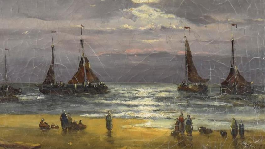 Hendrik Willem Mesdag (1831-1915), Soleil couchant sur une plage de la mer du Nord,... Visite en mer du Nord avec Hendrik Willem Mesdag