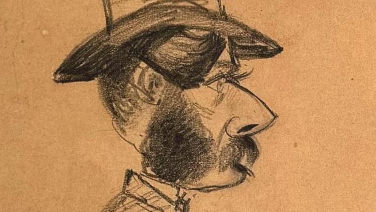 Claude Monet (1840-1926), Portrait caricatural, dessin au crayon, signé, 22,5 x 14... Le coup de crayon prometteur de Monet
