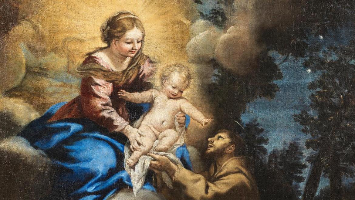 Pierre de Cortone (1596-1669), La Vierge présentant l’Enfant Jésus à Saint François... Saint François par Pierre de Cortone