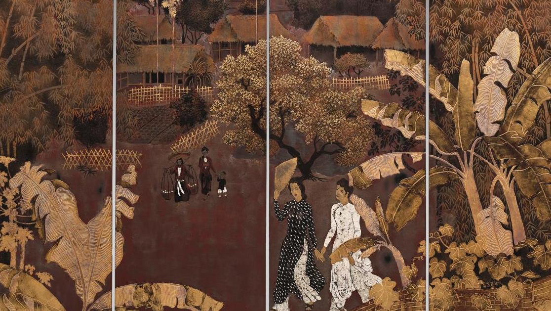 Pham Hau (1903-1995), Jeunes Femmes se promenant, paravent à quatre feuilles en laque,... Pham Hau puissance trois