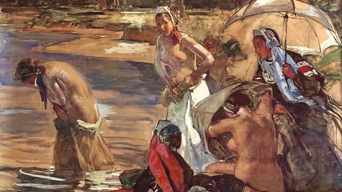 Lucien Simon (1861-1945), Bain en Bretagne ou Partie de bain en pays bigouden, 1909,... Des bretonnes dénudées par le peintre Lucien Simon