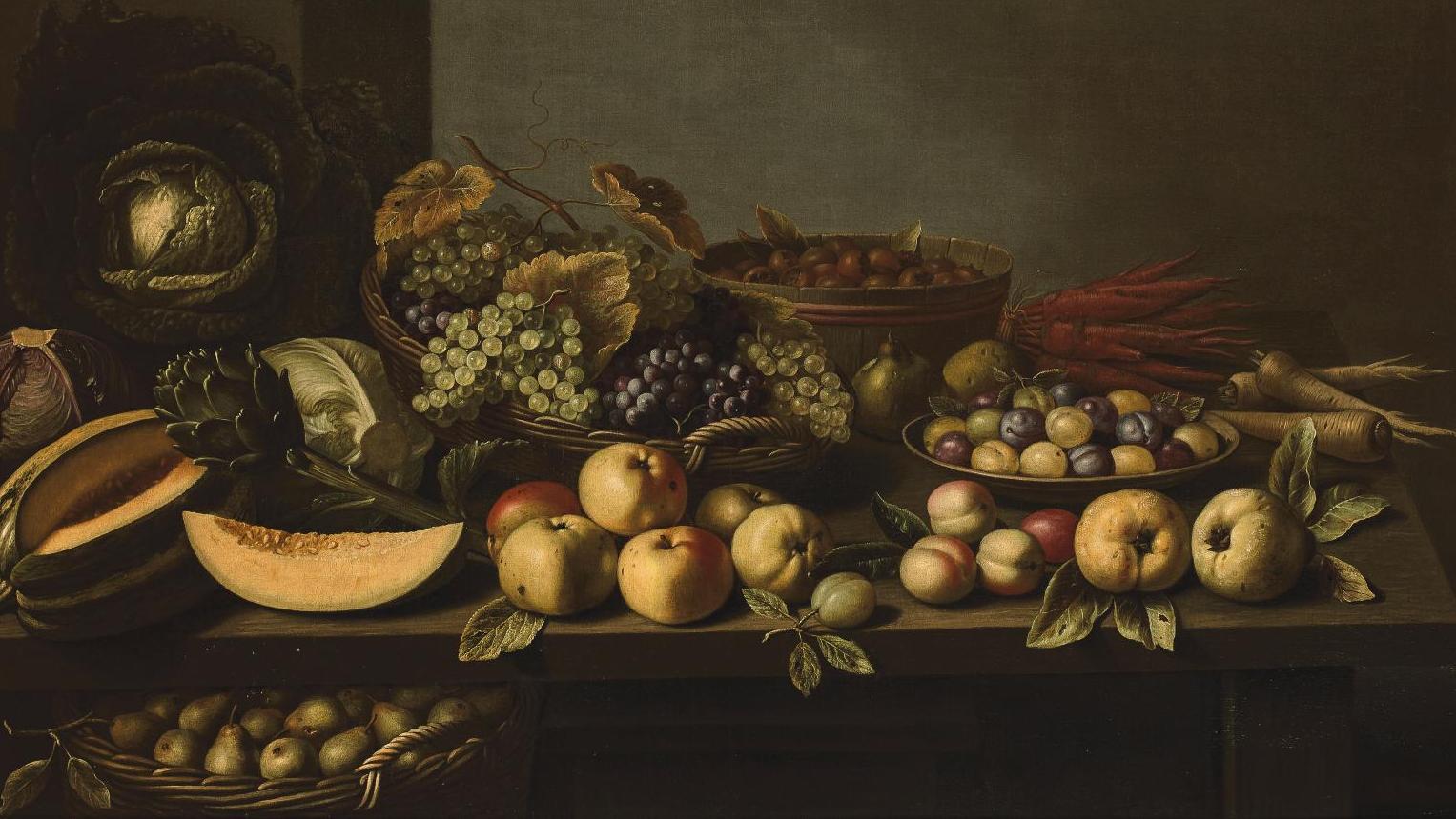 Floris Van Schooten (vers 1590-1655), Nature morte aux choux, melons, raisins, pommes,... Peinture de choses immobiles