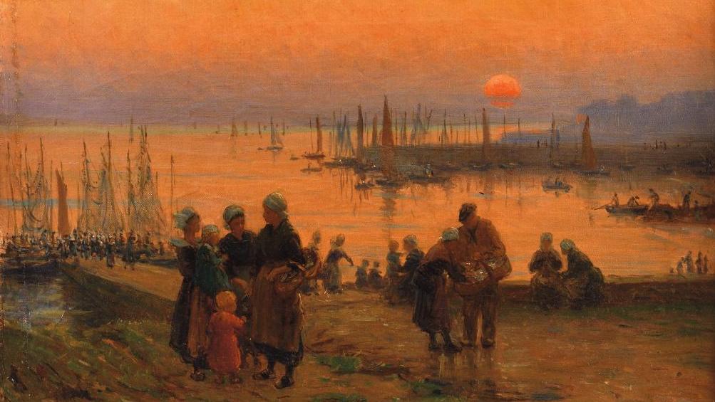 Alfred Guillou (1844-1926), Le Port au coucher du soleil, huile sur toile, 27 x 35... Le XIXe siècle à travers le paysage