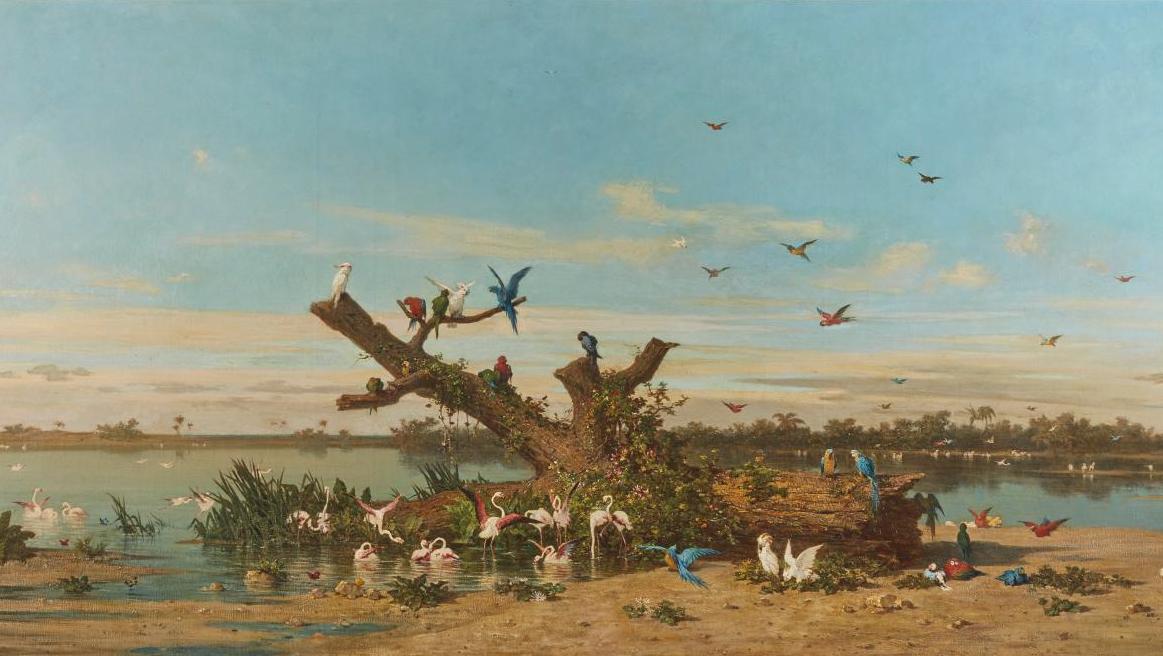 Charles-Émile Vacher de Tournemine (1812-1872), Flamants et perroquets, vers 1866-1867,... Le paradis des oiseaux selon le peintre orientaliste Charles de Tournemine