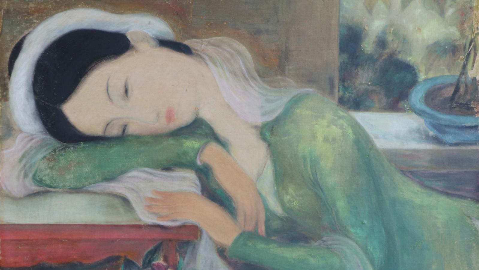 Lé Phô (1907-2001), Jeune femme au repos, encre et gouache sur trait de crayon sur... Lé Phô nous invite à la rêverie
