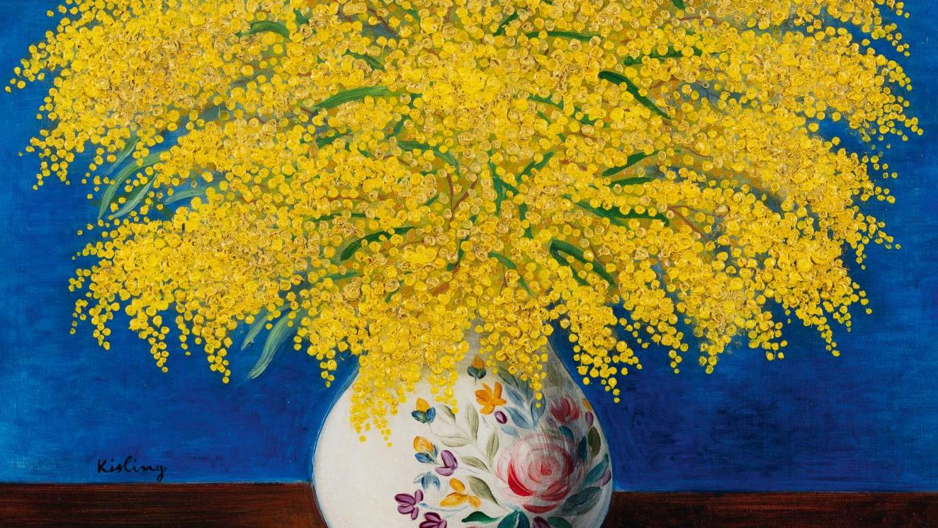 Moïse Kisling (1891-1953), Bouquet de mimosas, huile sur toile, signée en bas à gauche,... Des mimosas en fleur peints en Provence par Moïse Kisling