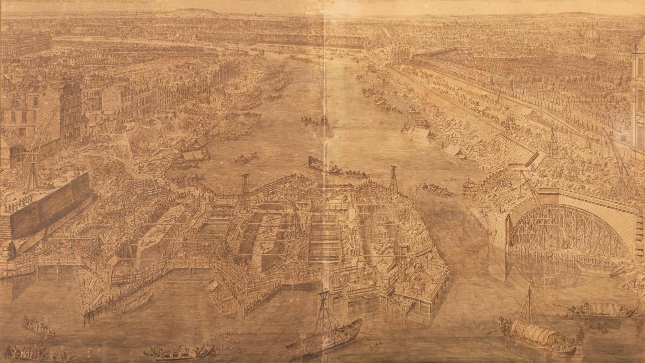 Lieven Cruyl (1634-avant 1720), Construction du pont du Louvre, Paris, juin 1686,... Paris en pleine révolution urbanistique par Lieven Cruyl 