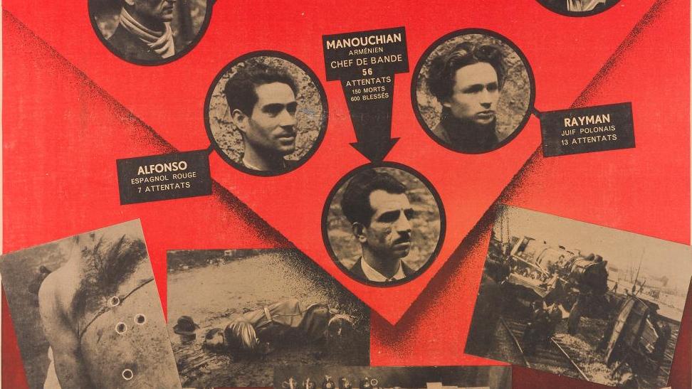 France, régime de Vichy, 1944, affiche de propagande antisémite et anticommuniste,... Missak Manouchian en haut de l’affiche rouge