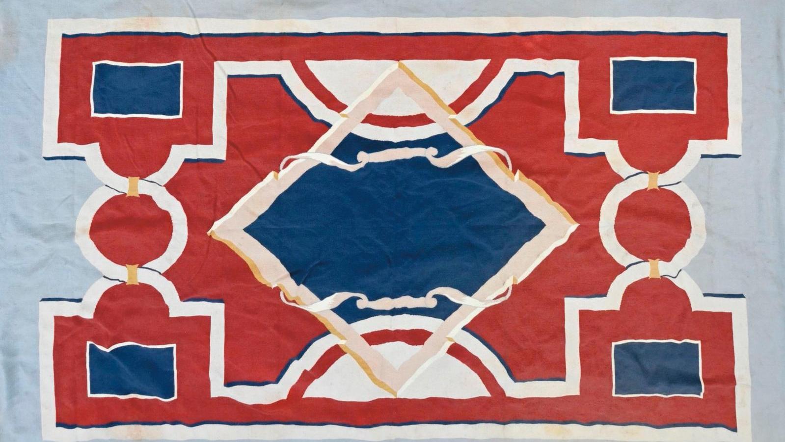 André Arbus (1903-1969), tapis de laine à motifs géométriques et d’entrelacs, vers... Yves Gastou et André Arbus en bleu-blanc-rouge