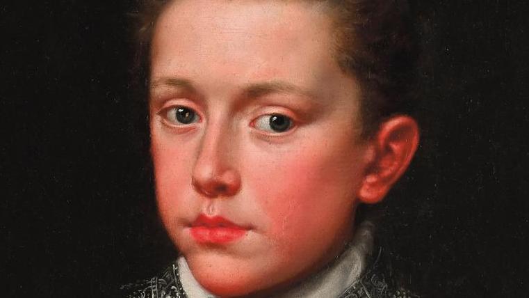 École française de la fin du XVIIIe siècle, Portrait de garçon en armure, toile,... Un adolescent du XVIIIe en armure et une pintade de Pompon