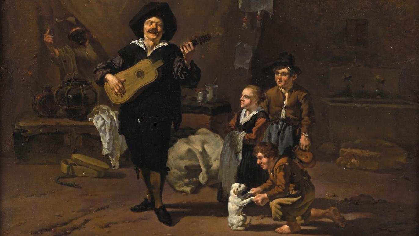 Karel du Jardin (1626-1678), Le Chanteur des rues, huile sur toile, 43 x 37 cm. Adjugé :... Les oiseaux chanteurs de Karel du Jardin 