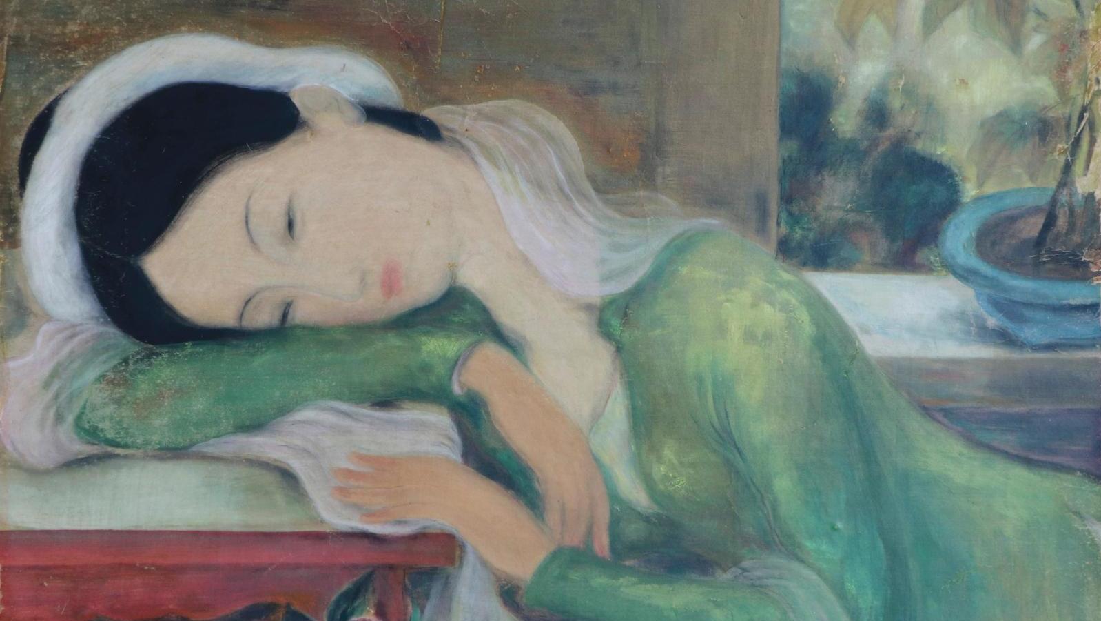 Lé Phô (1907-2001), Jeune Femme au repos, encre et gouache sur trait de crayon sur... Le Vietnam réinventé par Lé Phô 