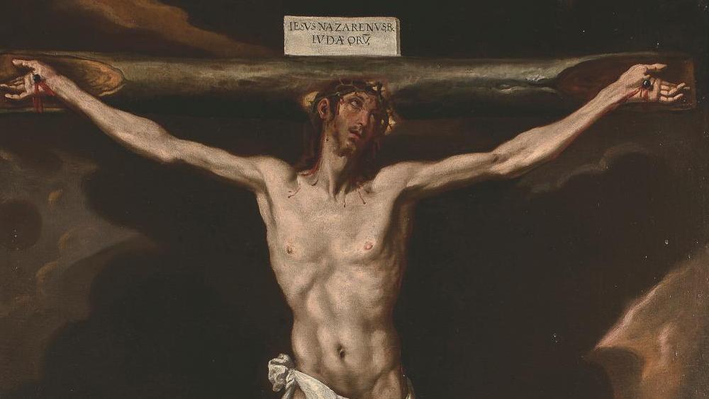 Luis Tristán (1586-1624), Christ en croix avec le portrait d’un donateur, toile,... Consécration pour une Crucifixion selon Luis Tristán 