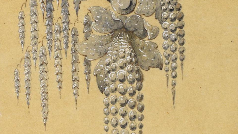 Léon Rouvenat (1809-1867), dessin d’une broche à pampilles, crayon graphite, aquarelle... R comme Rouvenat, joaillier et entrepreneur