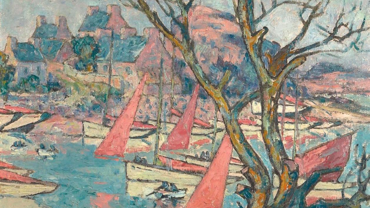 Alcide Le Beau (1872-1943), Loguivy, les voiles roses, huile sur toile, 92 x 73 cm.... Un petit port des Côtes-d’Armor par Alcide Le Beau