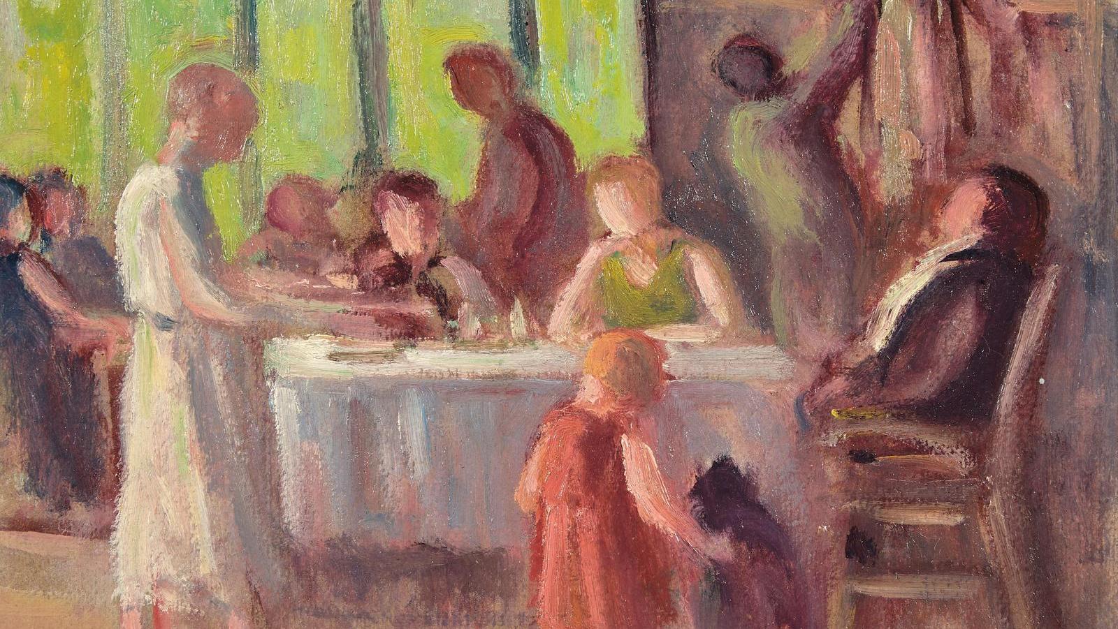 Maximilien Luce (1858-1941), Rolleboise, la tablée, huile sur papier marouflé sur... Maximilien Luce, néo-impressionniste et anarchiste