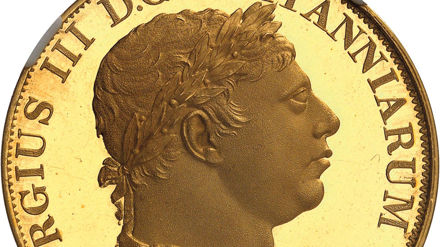 Grande-Bretagne, George III (1738-1820), essai d’1 couronne, 1817, Londres, par William... George III d’Angleterre, l’incorruptible sur monnaie d'or