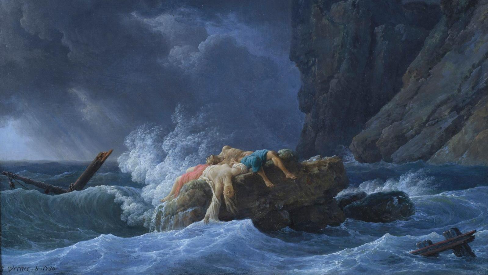 Claude Joseph Vernet (1714-1789), Naufragés sur une côte rocheuse, 1780, cuivre,signé... La mer se déchaîne sous le pinceau de Claude Joseph Vernet 