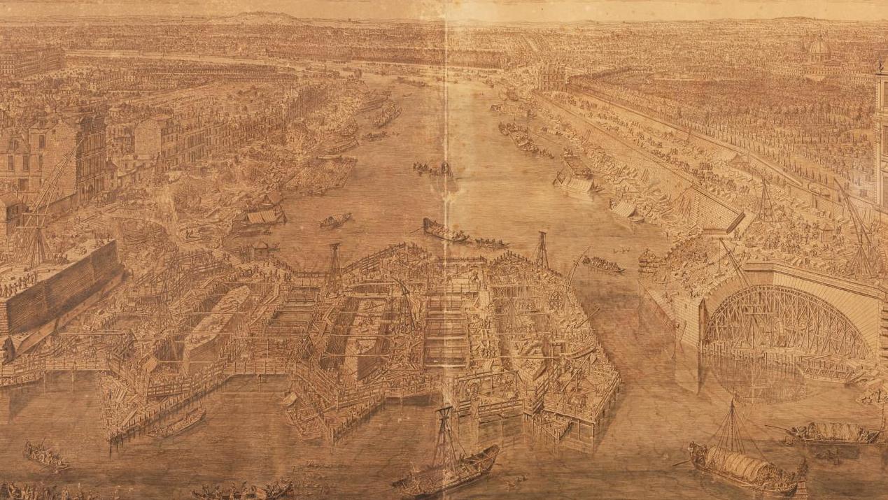Lieven Cruyl (1634-avant 1720), Construction du pont neuf du Louvre, Paris, juin... Quand Paris édifiait le pont Royal sous le crayon de Lieven Cruyl