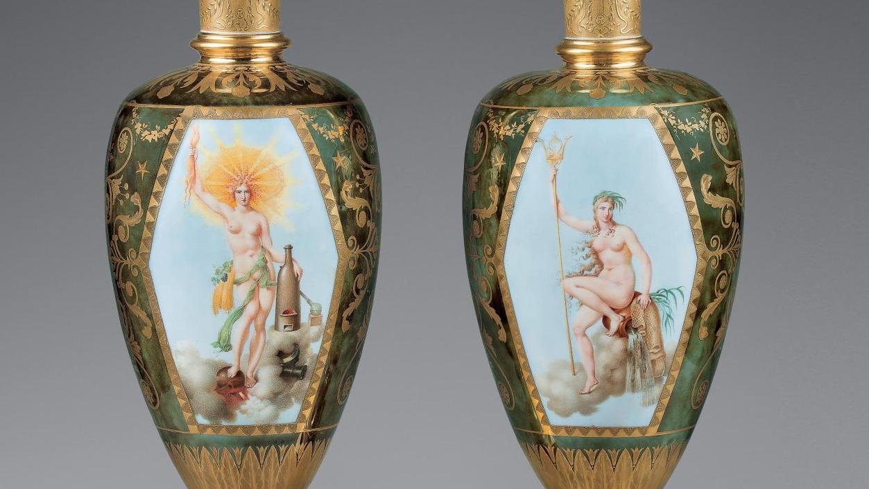Sèvres Factory (founded in 1756), pair of vases, "Le Feu" and "L’Eau", 1806, hard... The Miracle of Montreal