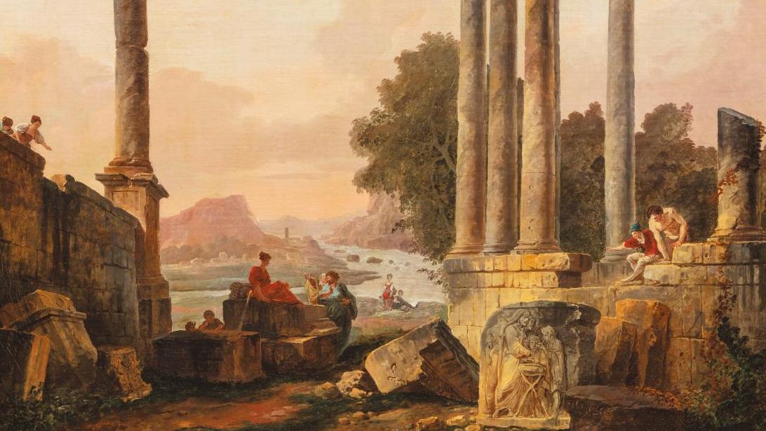 Hubert Robert (1733-1808), Ruines d’architecture et figures, paire d’huile sur toile,... Une sélection éclectique menée par Hubert Robert 
