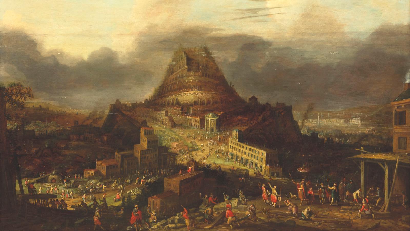 Hendrick III Van Cleve (1525-1589), La Tour de Babel, huile sur panneau parqueté,... Panorama sur Babel par Hendrick III Van Cleve 