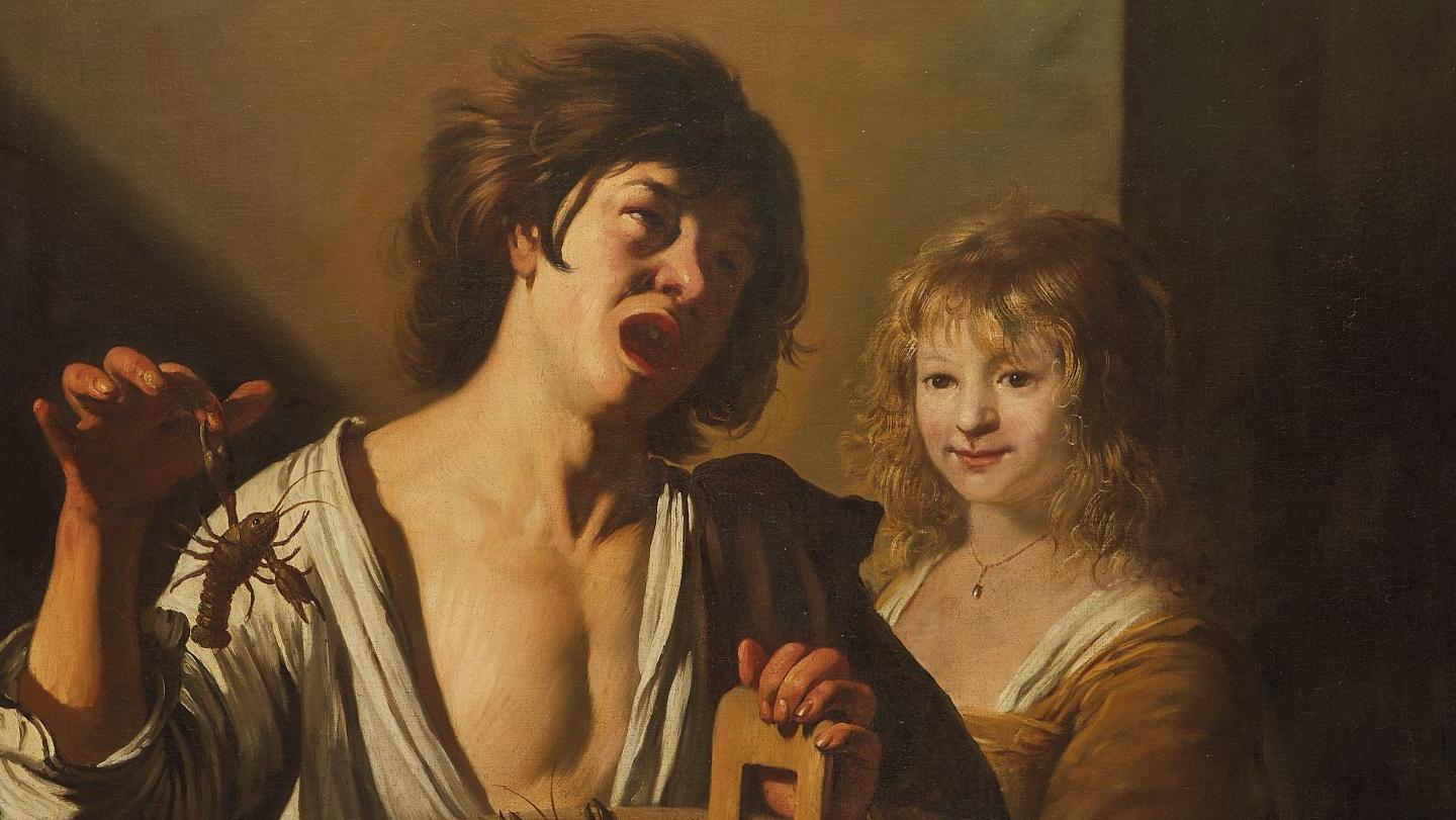 École française vers 1640. L’Enfant aux écrevisses avec une jeune fille et un chat,... Succès pour un caravagesque français