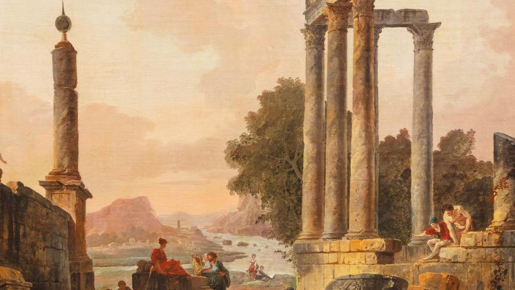 Hubert Robert (1733-1808), Ruines d'architecture et figures, pair of oil on canvas,... An Eclectic Selection Headed by Hubert Robert