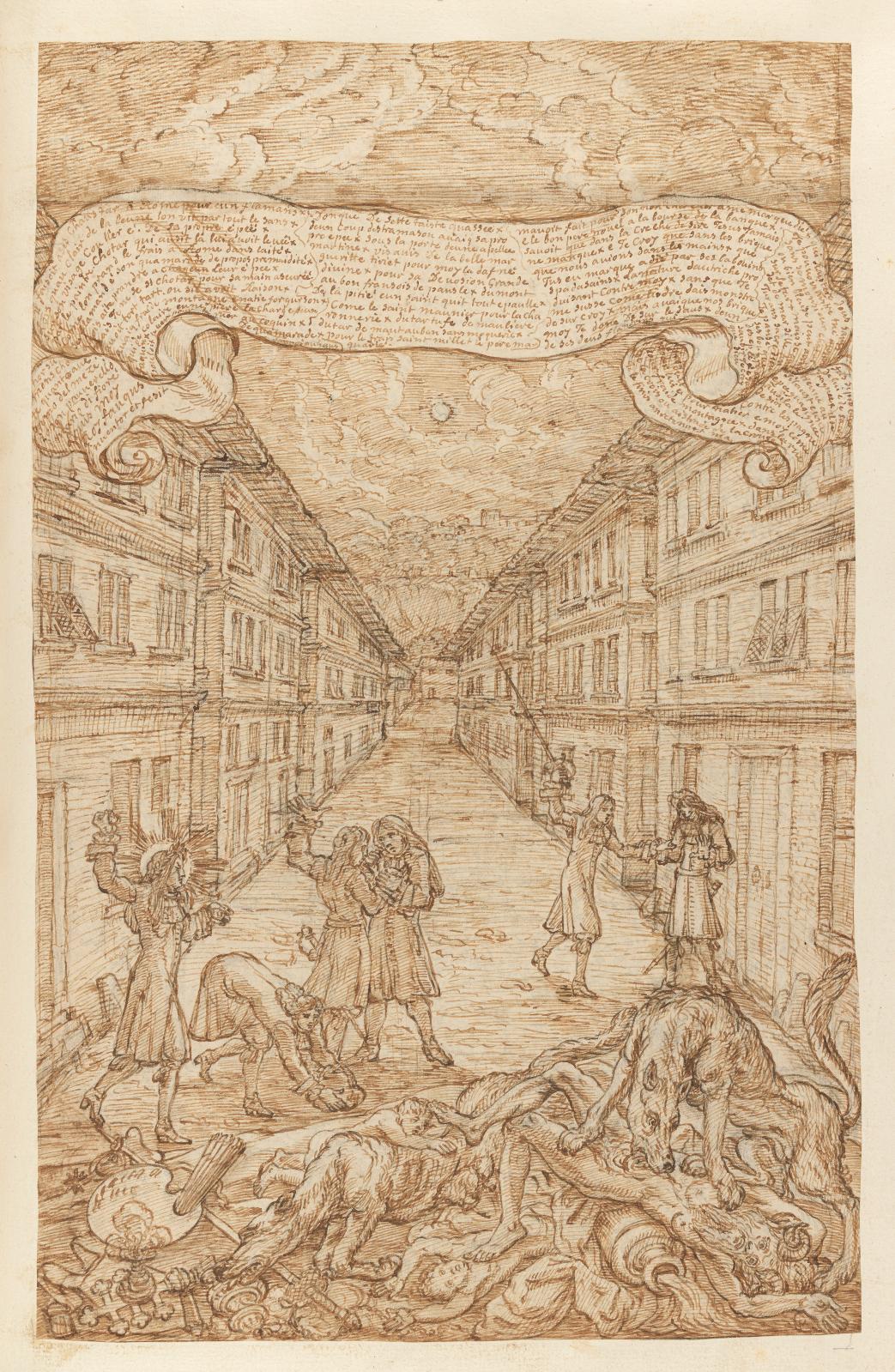 L’atelier de Le Brun, plume et encre brune, bande de papier ajoutée en partie supérieure, 35,5 x 30 cm, Recueil de desseins ridicules par le nommé Foq